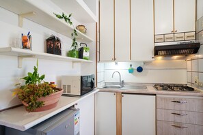 Fridge, microwave, stovetop, coffee/tea maker