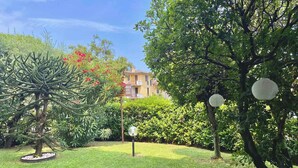 Un jardín bien cuidado con diversos árboles, cielo despejado y un edificio al fondo.
