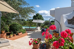 Une terrasse agrémentée de plantes en pot, une piscine et du mobilier d’extérieur.