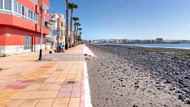 Une promenade en bord de mer avec un sentier dallé, des palmiers et une plage.