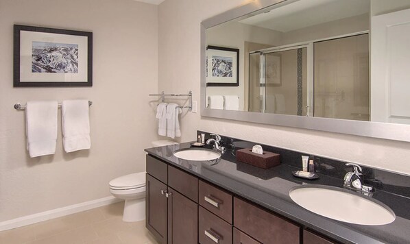 Hair dryer, towels, soap, shampoo