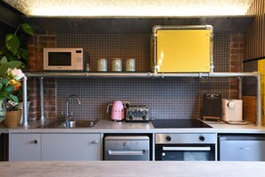 Fridge, microwave, high chair, kitchen islands