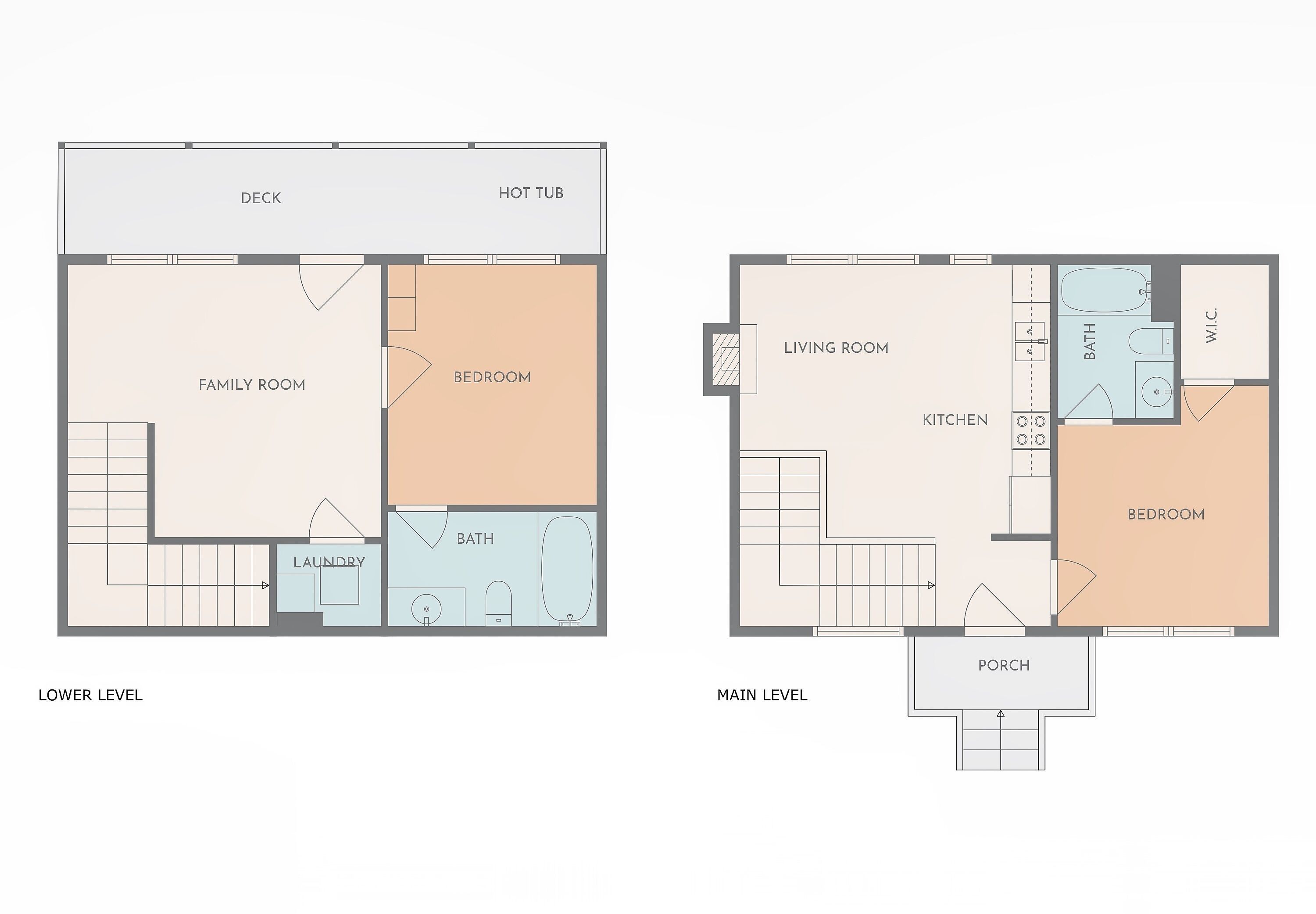 Two floor plans of a building with a deck, hot tub, family room, bedroom, living room, kitchen, bathroom, and porch.