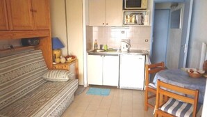 A compact living space with a sofa, a small kitchen area, and a dining table.