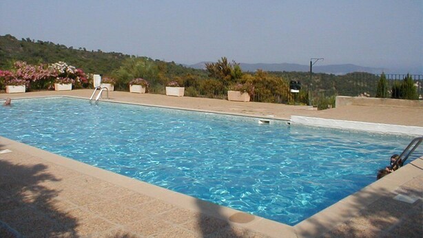 A rectangular swimming pool with clear blue water, surrounded by a concrete deck. There are potted plants and a metal ladder leading into the pool. The background features a hilly landscape with vegetation and a clear sky.