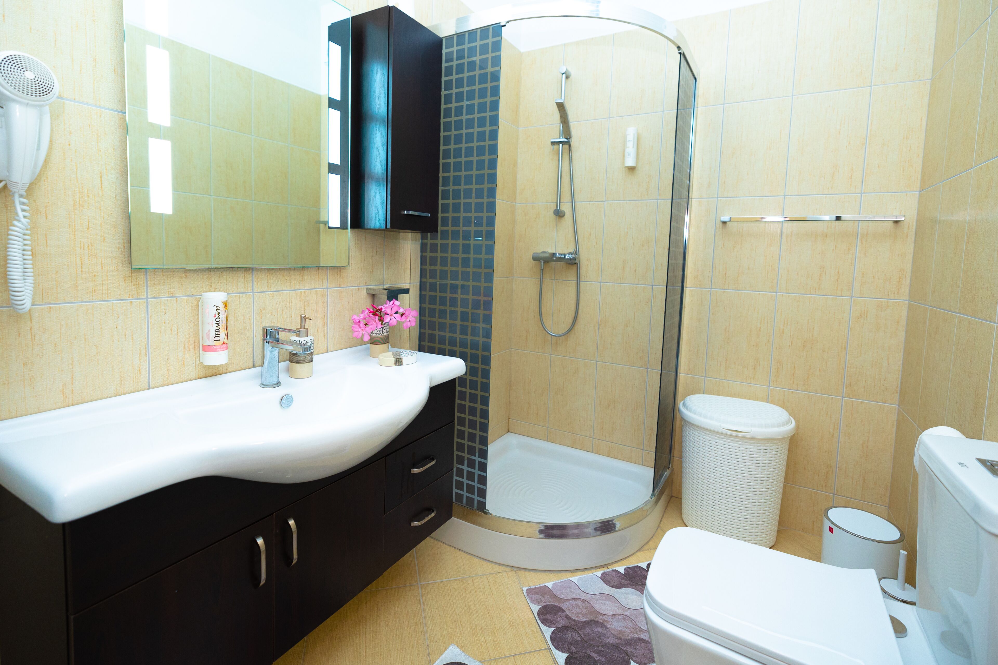 Suihku, hiustenkuivaaja, pyyhkeet