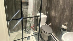 A bathroom with a toilet, a bidet, and a shower area.