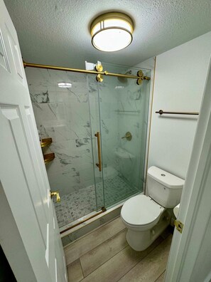 Douche, séchoir à cheveux, serviettes fournies, shampooing