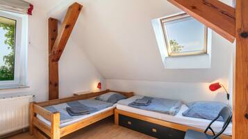 Una habitación pequeña y acogedora con dos camas de madera, una ventana, un tragaluz y una silla.