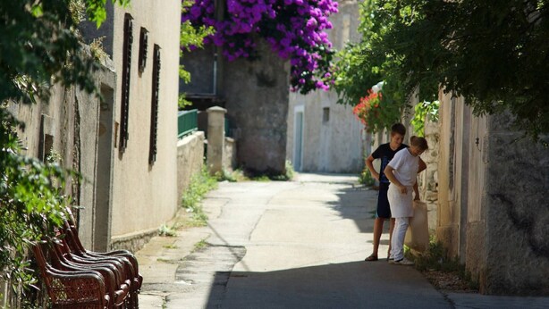 Une ruelle étroite, avec un banc sur la gauche, une femme et un enfant sur la droite, et un arbre aux fleurs violettes au centre.