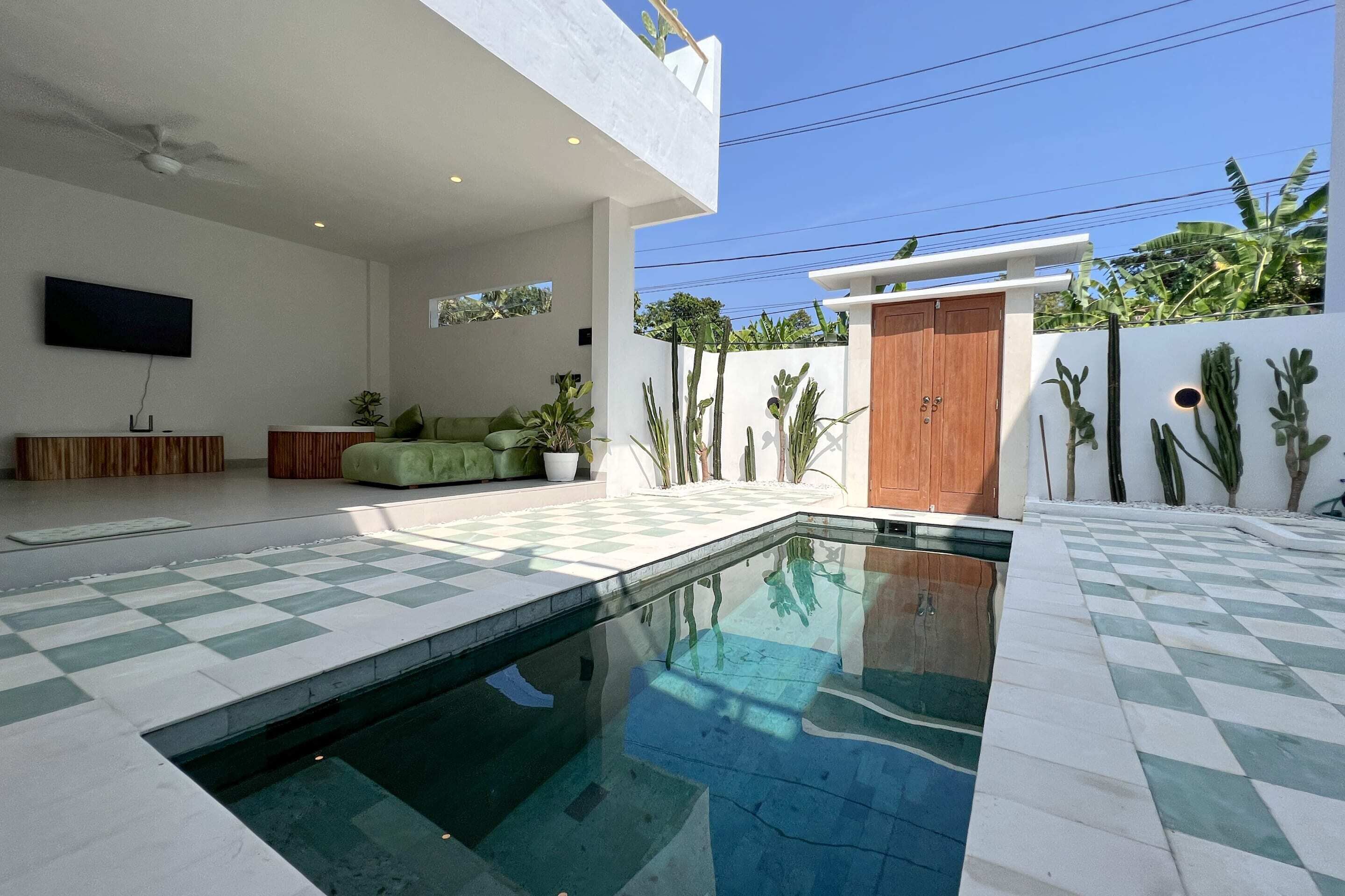 A modern living room with a pool, a flat-screen TV, and a wooden door.