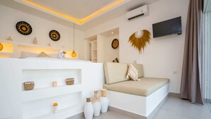 A modern living room with a sofa, shelves with decorative items, a TV, and a ceiling light fixture. - Villa Zahka (Munggu)