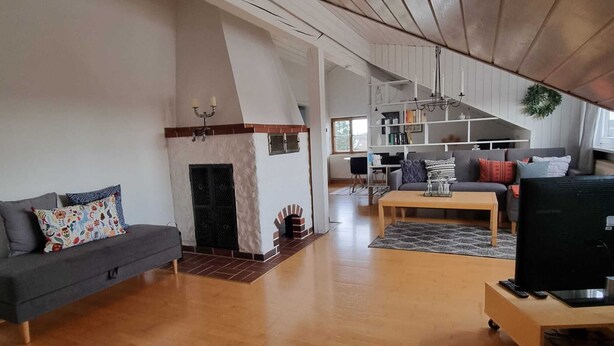A spacious living room with a fireplace, a sofa, a coffee table, and a television on a stand. - Gemütliche Dachgeschosswohnung bei Tutzing am Starnberger See (Tutzing)