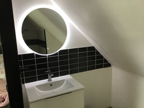 Chuveiro, secador de cabelo, papel higiênico 