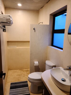 Douche, séchoir à cheveux, serviettes fournies, savon