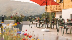 Une terrasse avec des sièges extérieurs, un pot de fleurs et une vue sur une montagne.