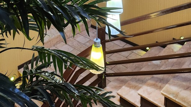 A staircase with wooden railings and a potted plant. - Georgian Paradise (Kutaisi)
