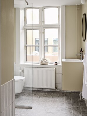 Shower, eco-friendly toiletries, hair dryer, towels