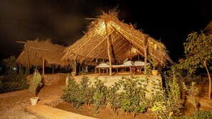 A thatched-roof structure with a stone base, surrounded by potted plants and a stone pathway. - Jay Gurudev Palpur Fort Kuno By Paandora Collections (Karahal)