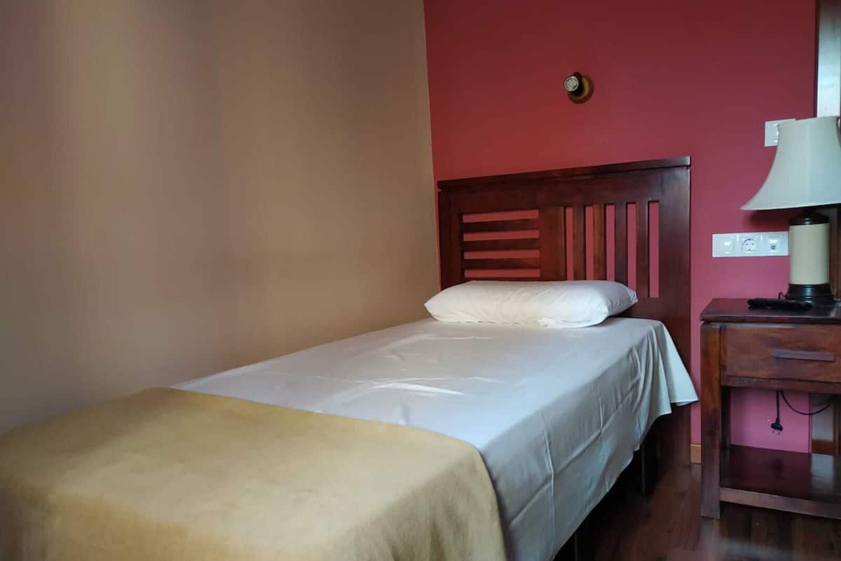 Una cama individual con cabecera de madera, una mesita de noche con lámpara y un enchufe de pared.