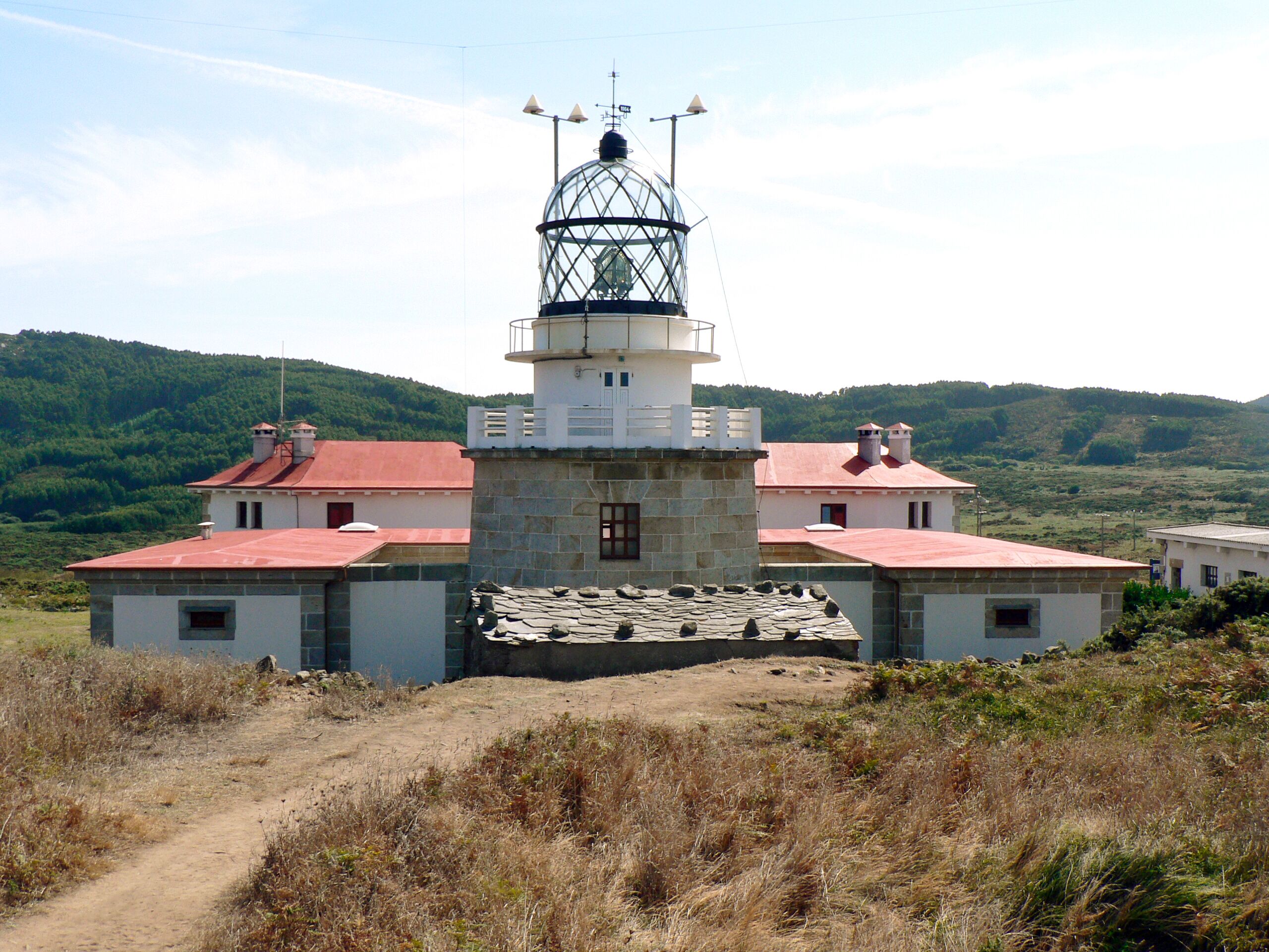 Un faro con base de piedra y techo rojo, rodeado por un sendero de tierra y colinas verdes al fondo.