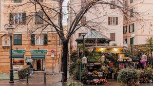 Eine Straße mit einem Blumenladen und einem Restaurant.