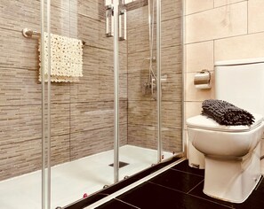 Shower, hair dryer, shampoo