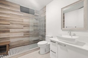 Shower, hair dryer, shampoo, toilet paper