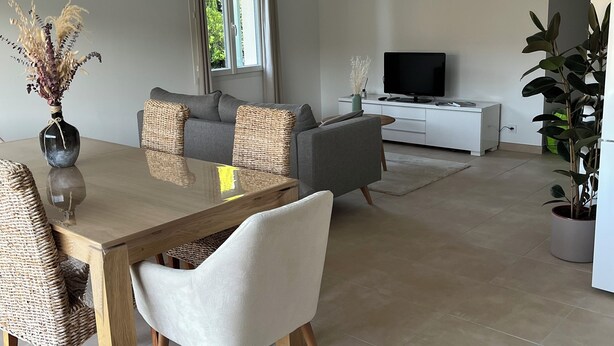 Een moderne woonkamer met een eethoek, een grijze bank, een televisie en een groot raam.