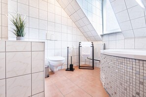 Hair dryer, towels, soap, shampoo