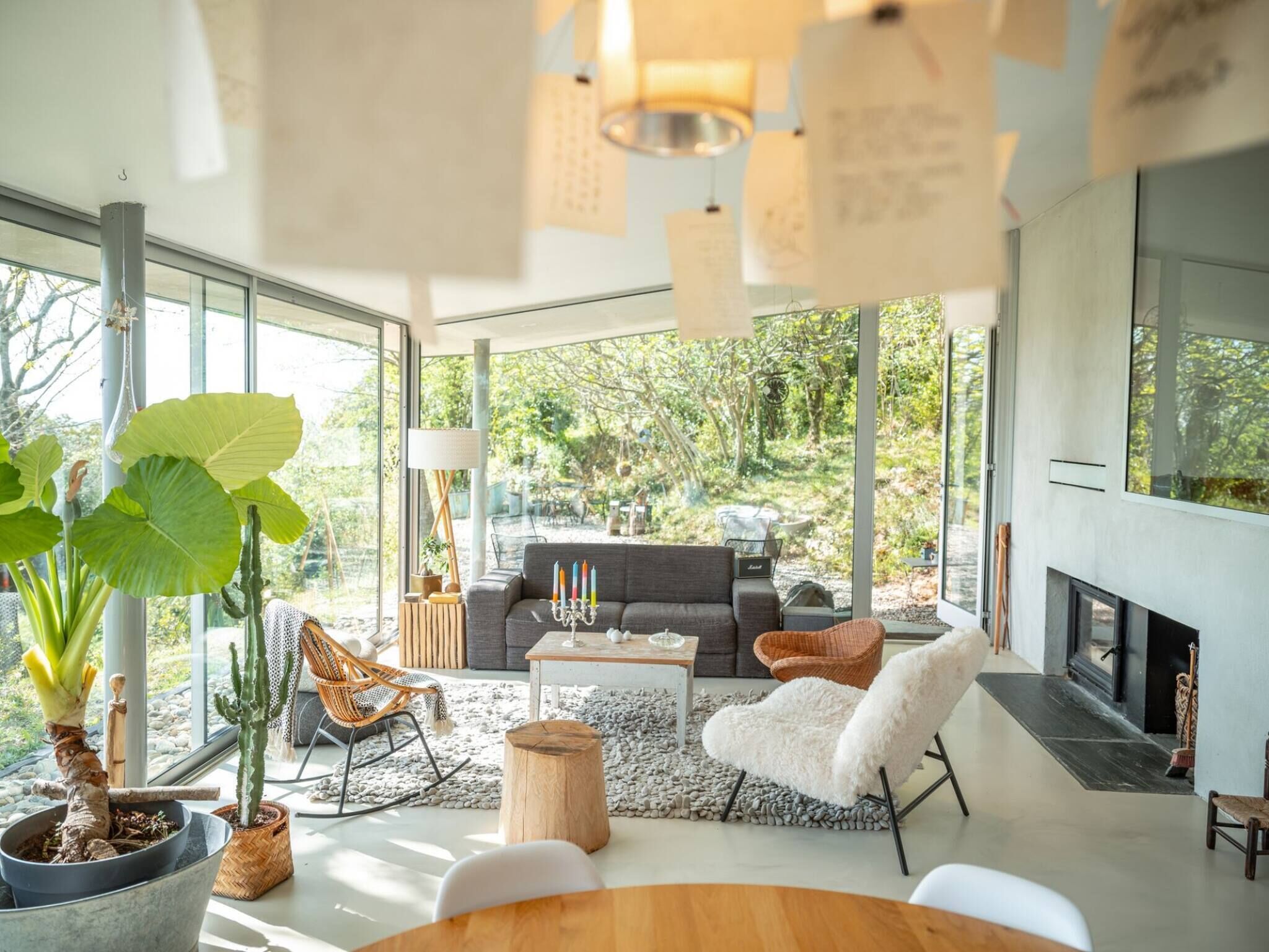 Télévision, cheminée, lecteur de DVD, livres