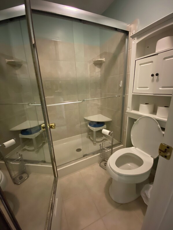 A bathroom with a glass-enclosed shower, a toilet, and a sink with a blue basin.