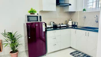 Fridge, microwave, stovetop, electric kettle