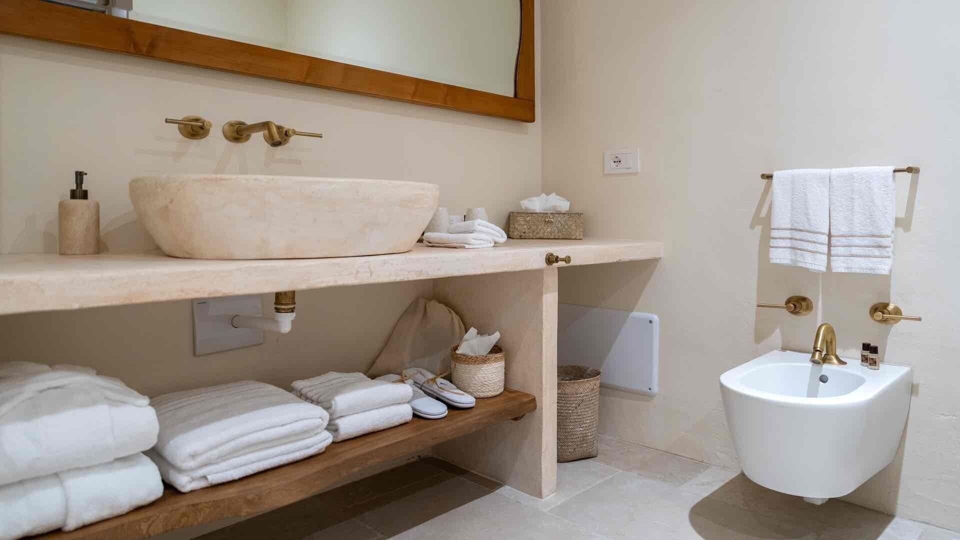A bathroom with a large beige sink, a bidet, and a mirror above the sink. There are towels and toiletries on the counter.