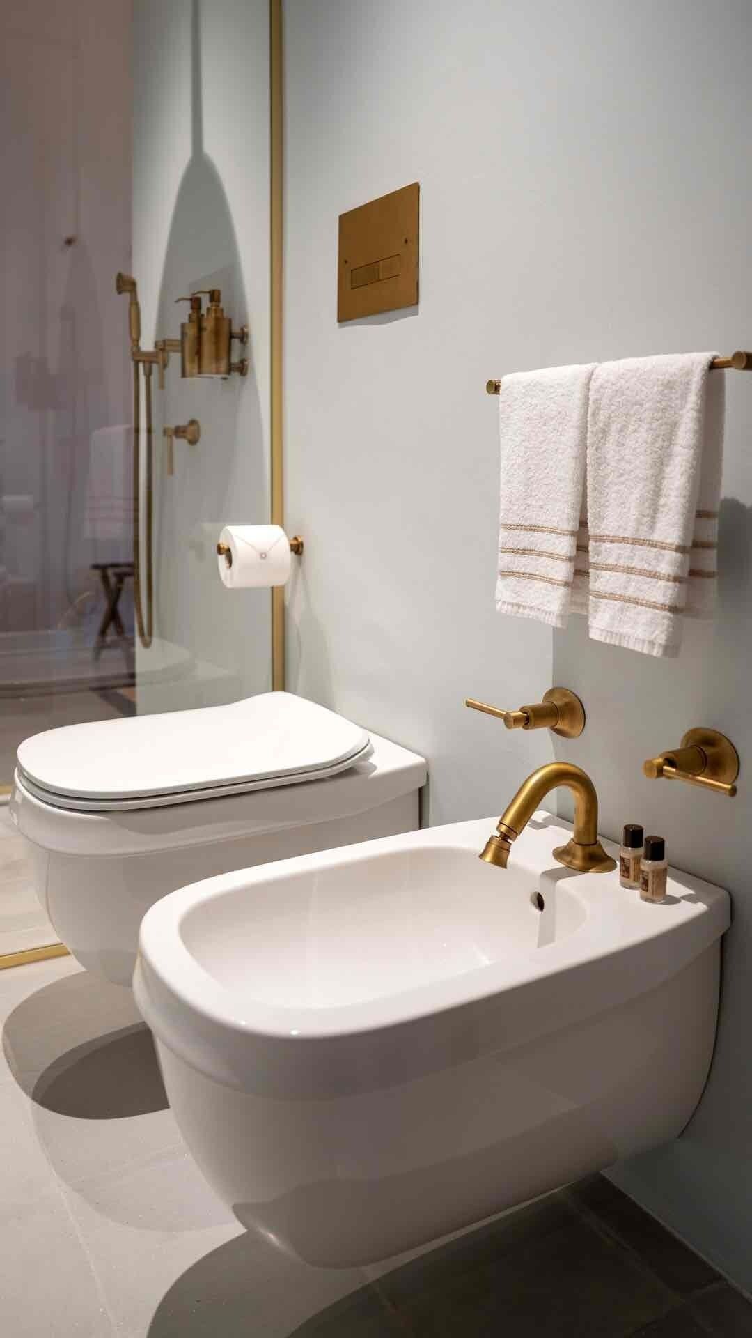 A modern bathroom with a white toilet, a sink with a gold faucet, and a towel rack with two towels.