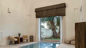 A modern room with a large window, a pool, and a view of a tree and outdoor furniture.