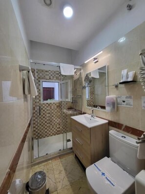 Une salle de bain avec une douche à parois de verre, un lavabo, des toilettes et un miroir.