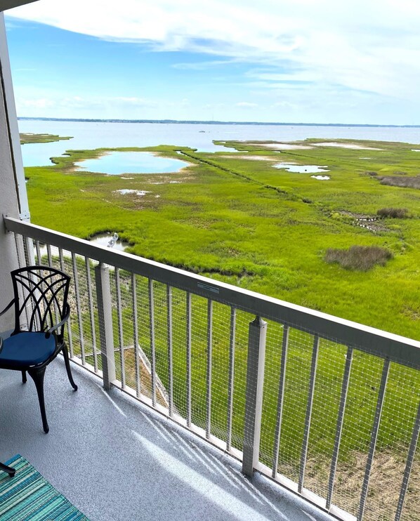 A balcony with a view of a coastal landscape, including water bodies and green fields.