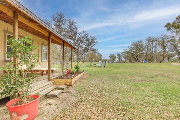 A covered porch with a wooden bench, a potted plant, and a grassy yard with trees. - Cottage on 80-acre Farm Near WEC & Devil's Den (Morriston)