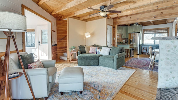 A cozy living room with wooden ceilings, a ceiling fan, a green sofa, a white armchair, and a patterned rug. - Mountaintop Blue Ridge Cabin: 2 Mi to Downtown (Blue Ridge)