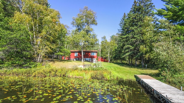 A lakeside cabin with a dock extending into the water, surrounded by dense forest. - Bigfork Cabin on Long Lake By Trails & Restaurant! (Bigfork)