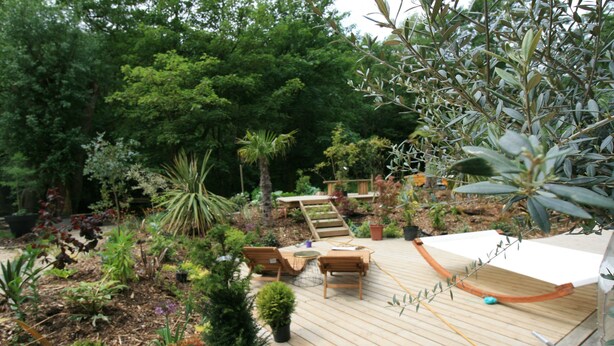 A wooden deck with a hammock, surrounded by various potted plants and a small wooden bench. - High Dalby House (Pickering)