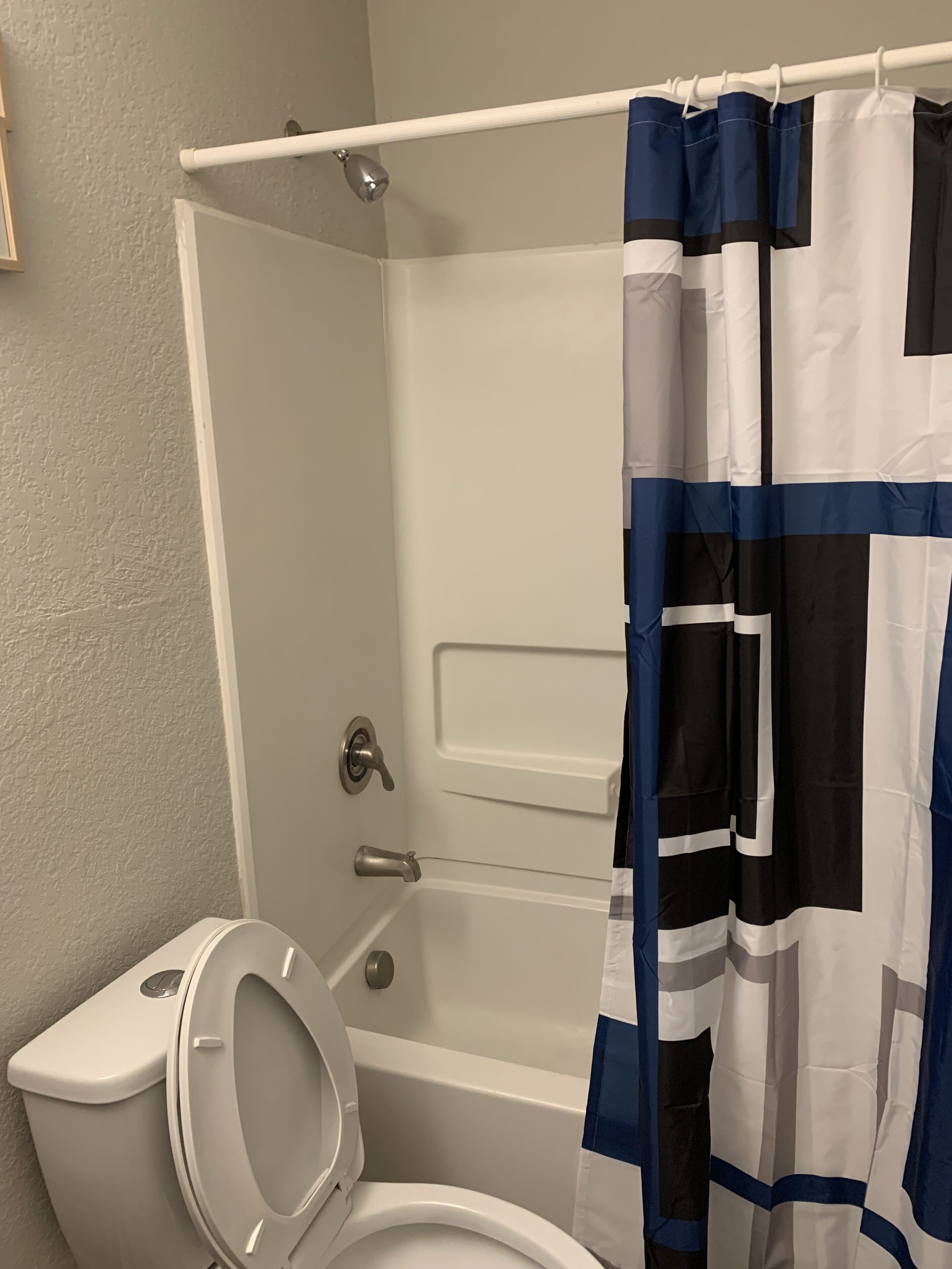 Hair dryer, towels, soap, shampoo