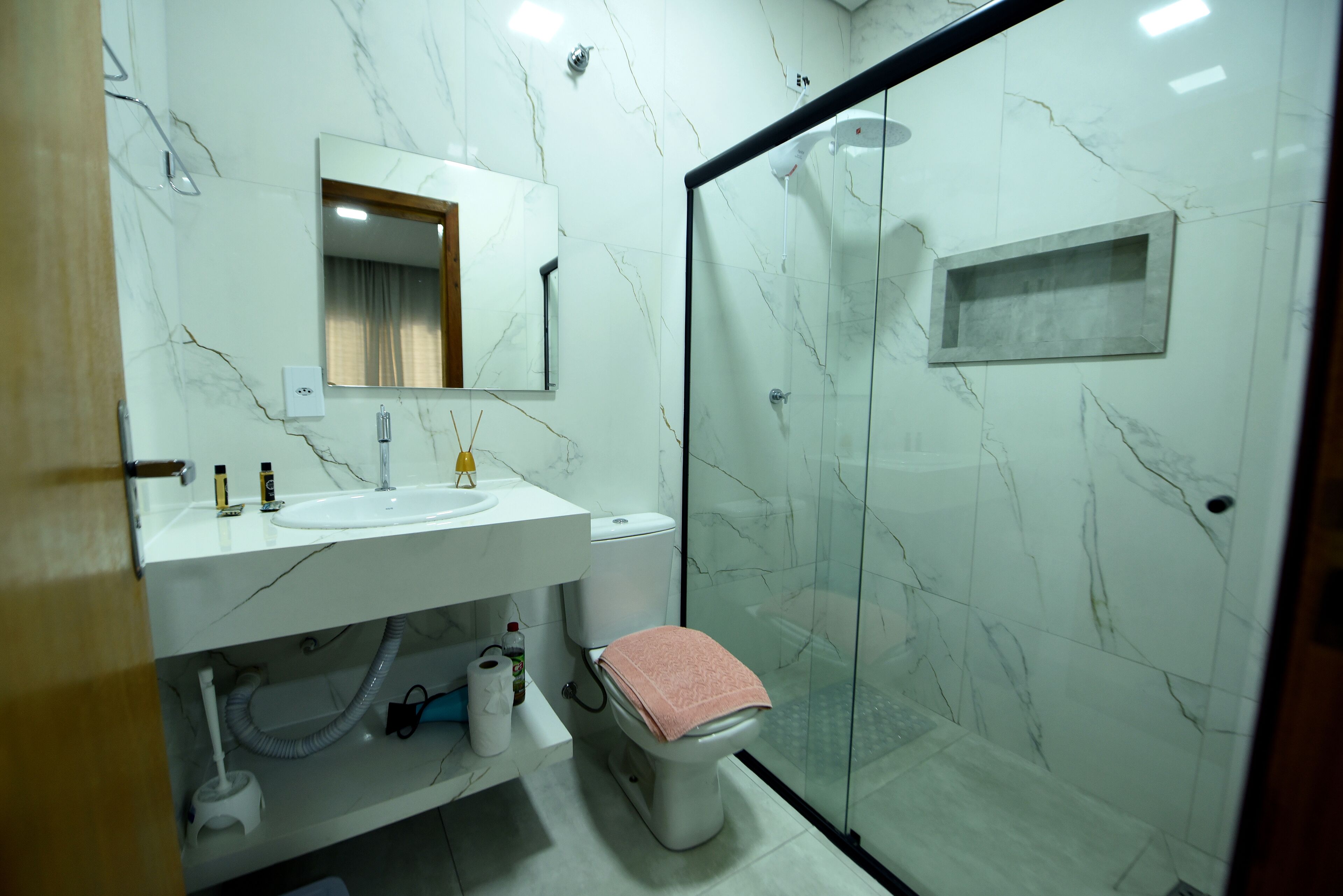 Hair dryer, towels, soap, shampoo