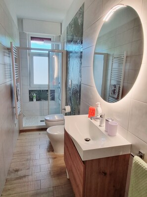 Regadera, secadora de cabello, bidet, toallas 