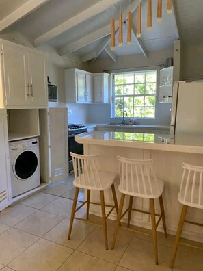 Kjøleskap, ovn, kokeplater og kaffetrakter/tekoker