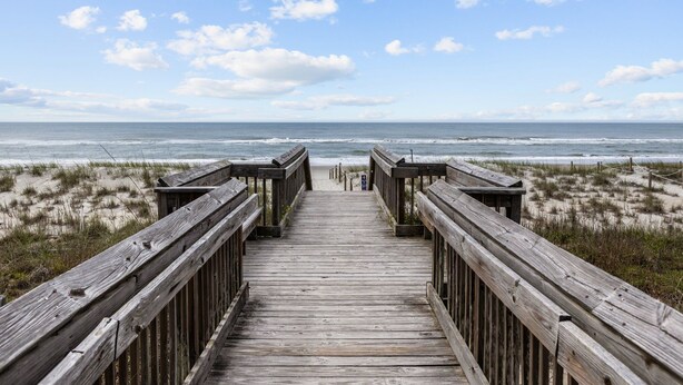 Una passerella in legno che conduce a una spiaggia con dune sabbiose e l'oceano sullo sfondo.