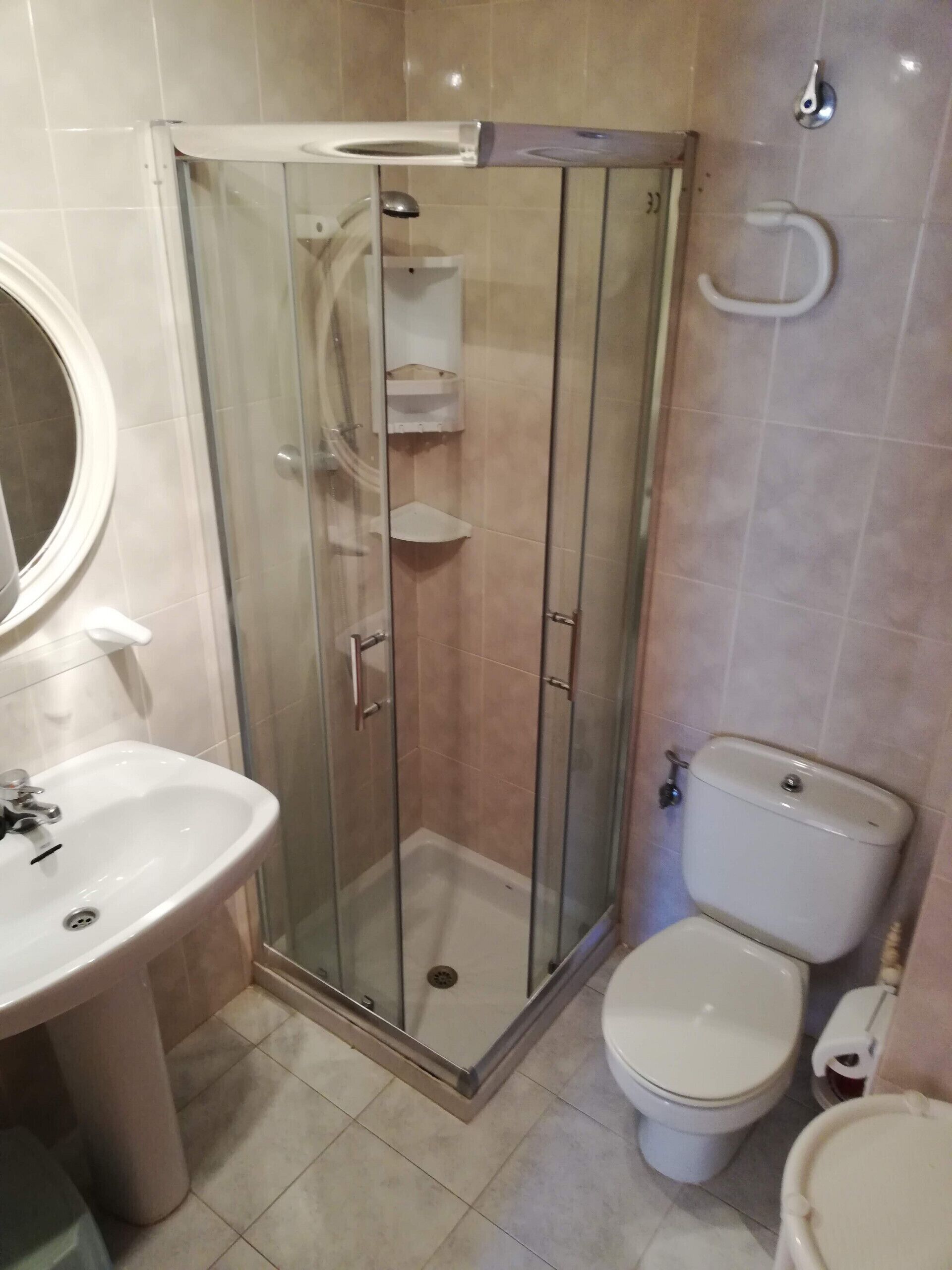 Un baño con ducha separada por vidrio, un lavamanos y un inodoro.
