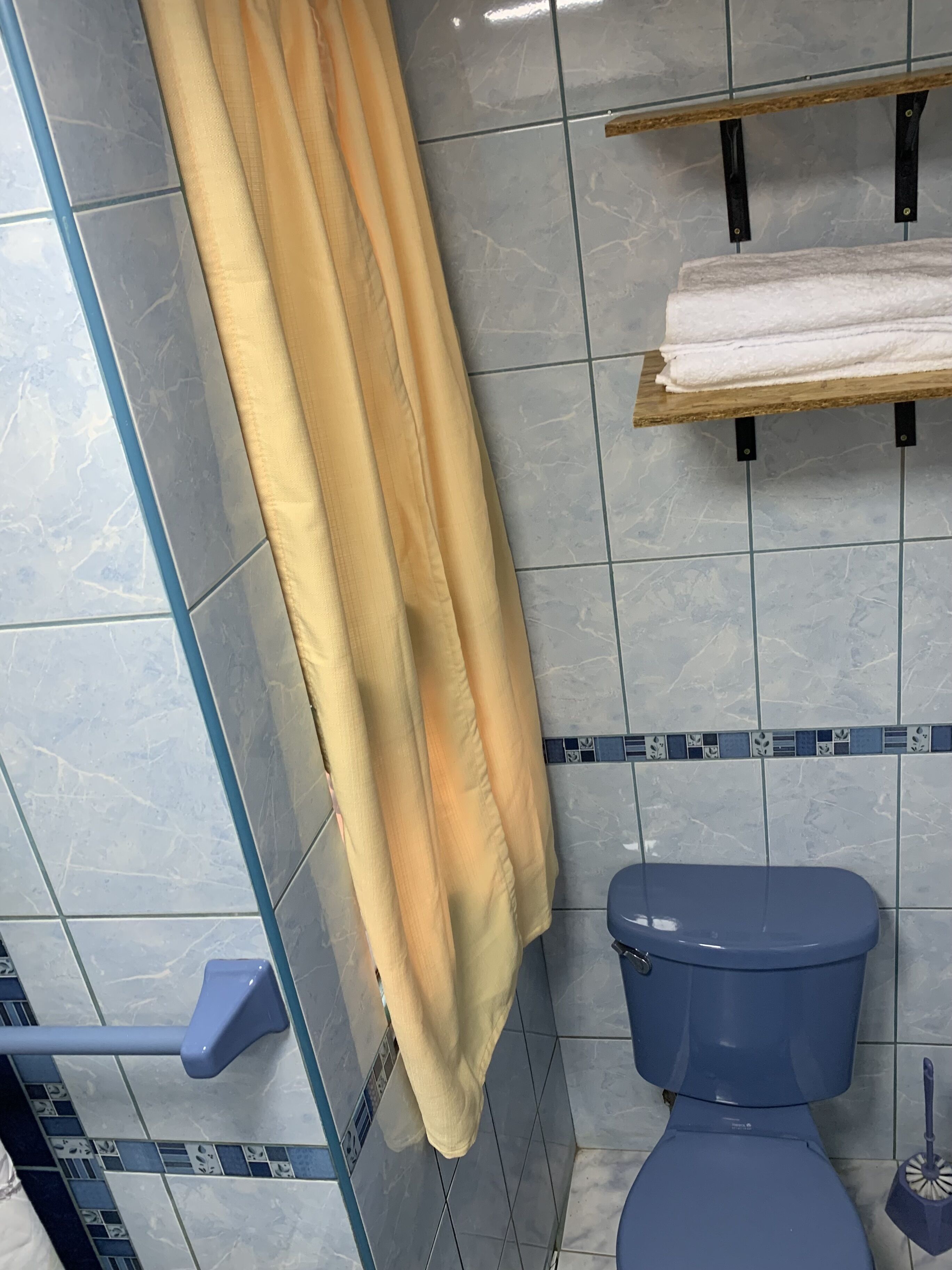 A bathroom with a blue toilet, a towel rack with a folded towel, and a shower curtain.