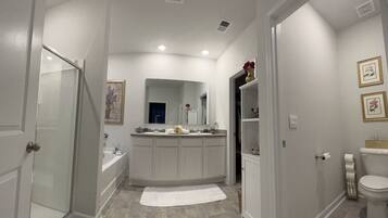 Hair dryer, bidet, towels, soap